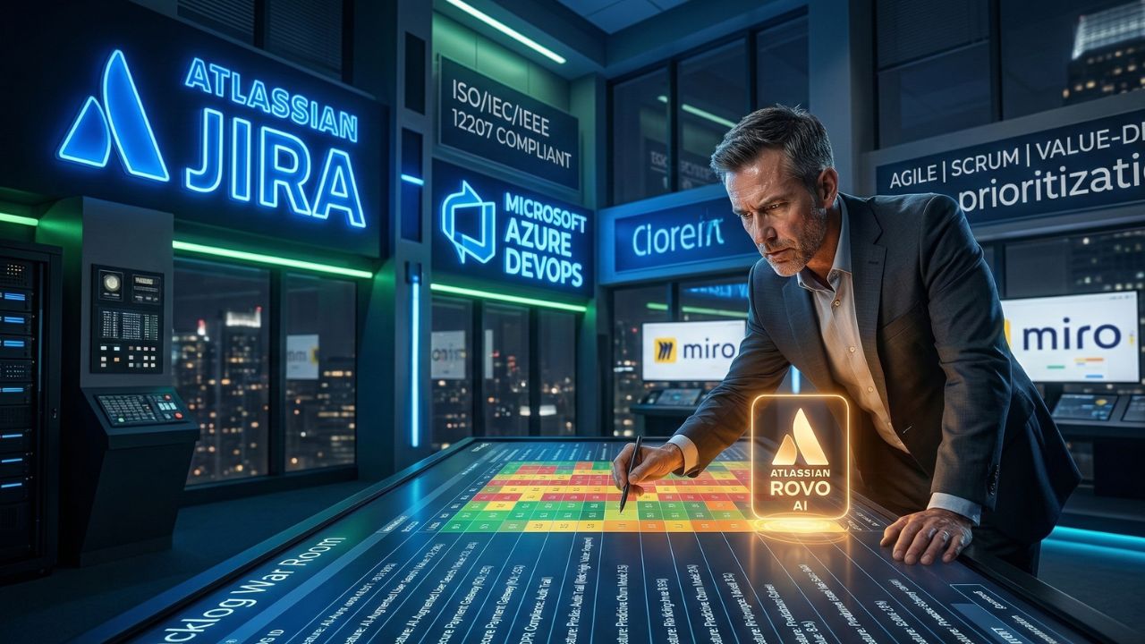 An AI product manager analyzing an agile backlog prioritization board on a digital screen, balancing model drift, data compliance, and feature delivery.