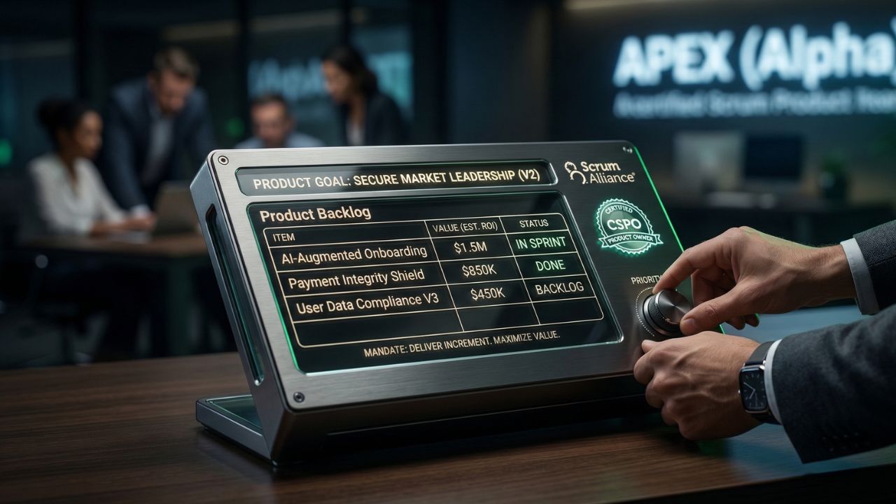 A professional engaging in product owner online training on a dual-monitor setup, analyzing agile metrics and AI data frameworks.